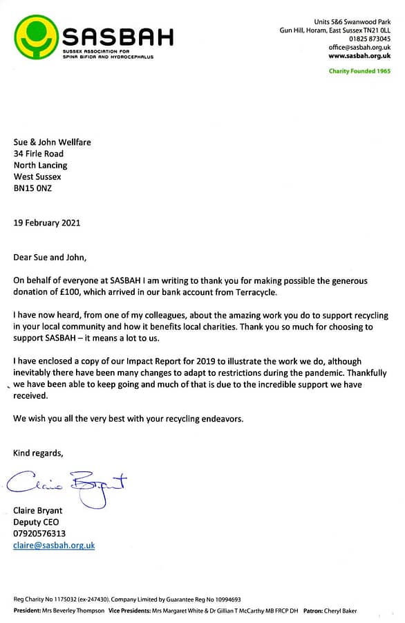 Recycling in Lancing- Thank you letter Feb 2021-SASBAH