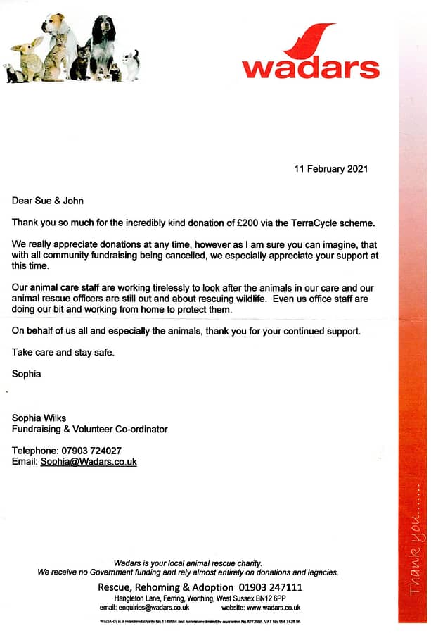 Recycling in Lancing Thak you letter WADURS Feb 21